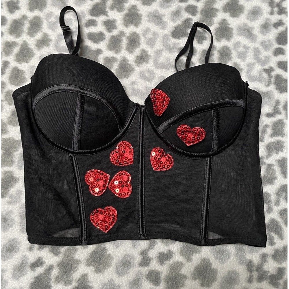 Body Rage Black Red Sequin Heart Bustier Corset Top Molded Cups Underwire Sz L